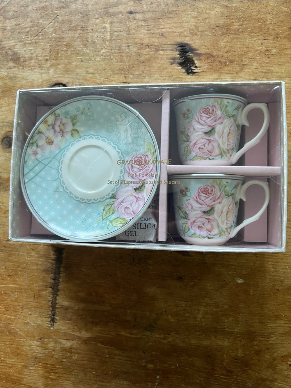 Grace’s Teaware NIB Rose Set of 2 Boxed Espresso Cups & Saucers